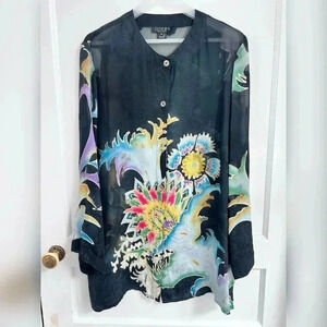 Citron Santa Monica silk Asian art to wear colorful button up blouse Size M